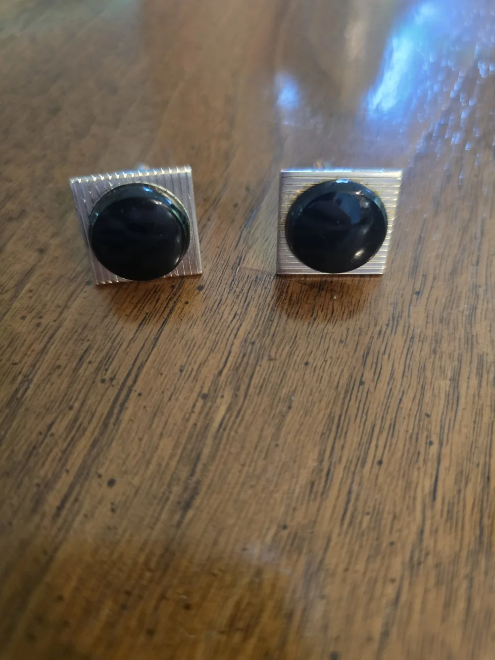 Men's Black Center Square Cufflinks - Silver Tone